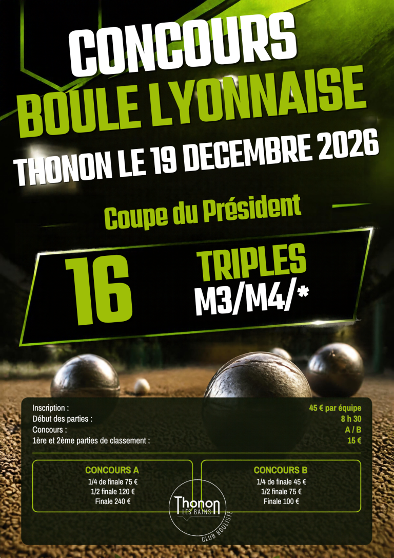 Affiche Coupe du Président, concours de boule lyonnaise à Thonon le 19 décembre 2026, 16 triples M3/M4